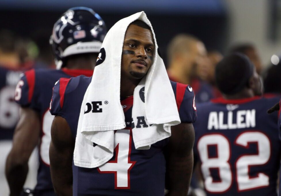 FILE - Houston Texans' Deshaun Watson (4) walks along the sideline in the first half of a preseason NFL football game against the Dallas Cowboys in Arlington, Texas, on Aug. 24, 2019. Thirty women who had accused the Houston Texans of turning a blind eye to allegations that Watson was sexually assaulting and harassing women during massage sessions have settled their legal claims against the team, their attorney said Friday, July 15, 2022. Watson, who has since been traded to the Cleveland Browns, has denied any wrongdoing and vowed to clear his name. (AP Photo/Michael Ainsworth, File)